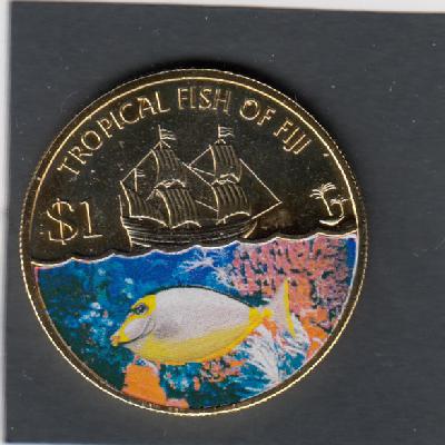 Beschrijving: 1 Dollar ALBINO YELLOW FISH coloured